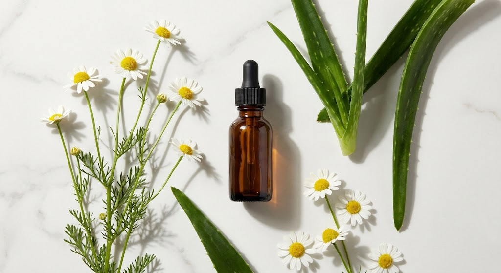 Scientific cross-section of healthy skin layers absorbing botanical nutrients