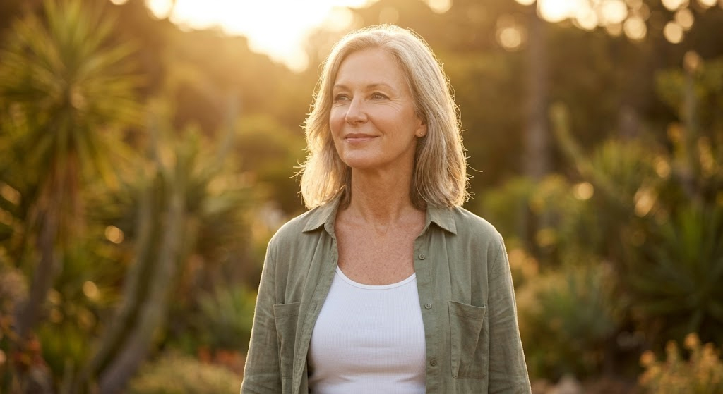 Active woman in her 60s with glowing, natural skin