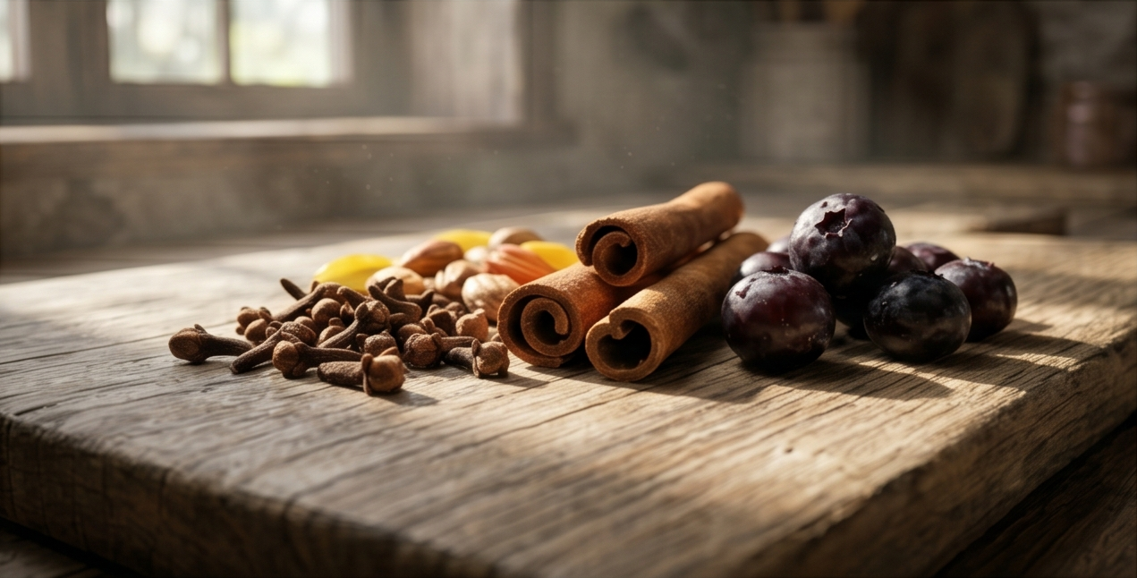 Antioxidant-rich spices and foods resting on a natural wooden board