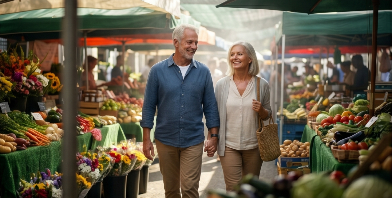 Active older couple walking confidently through a vibrant outdoor farmer's market