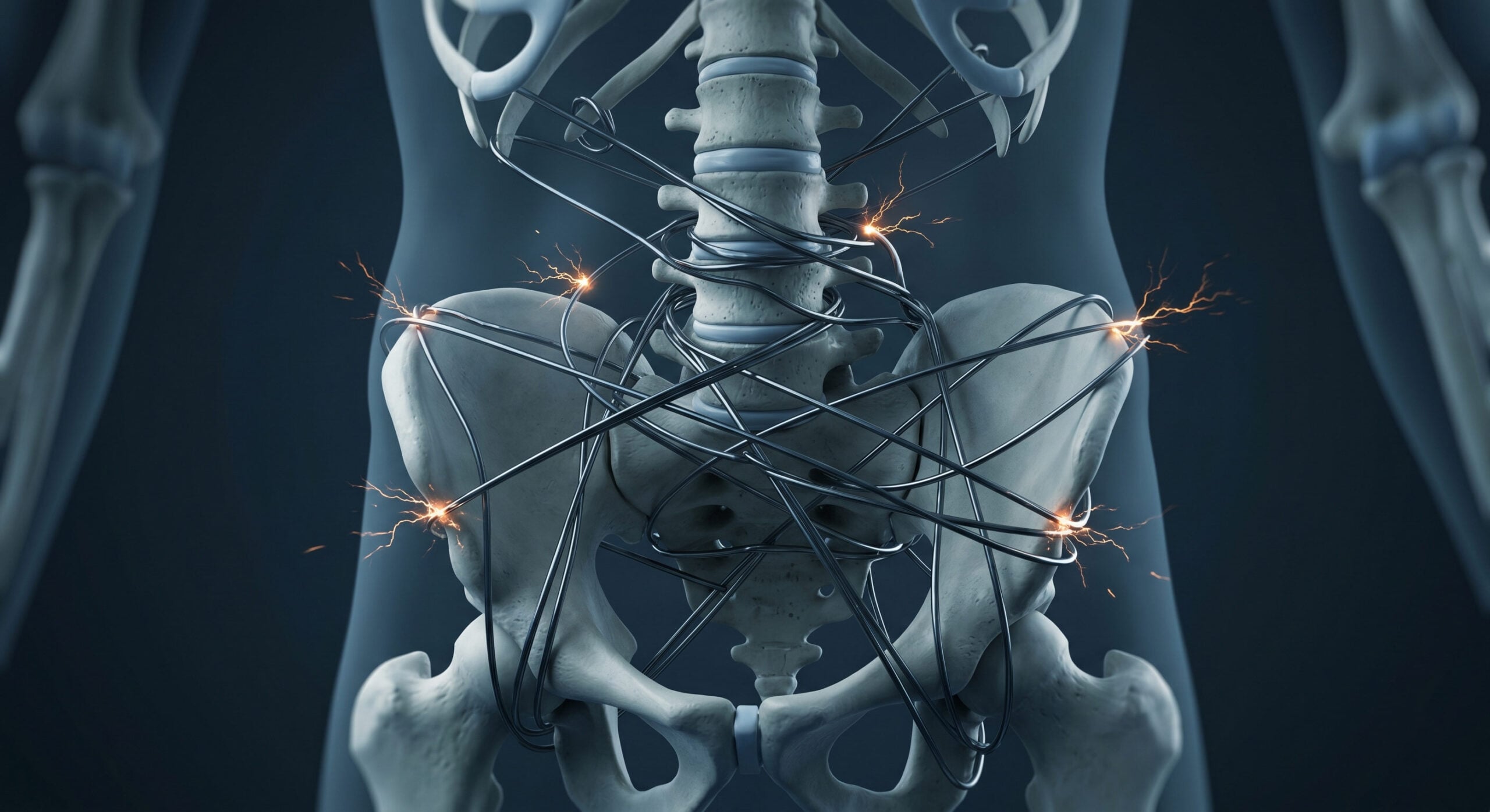 Scientific visual of restricted muscle pathways and nervous system